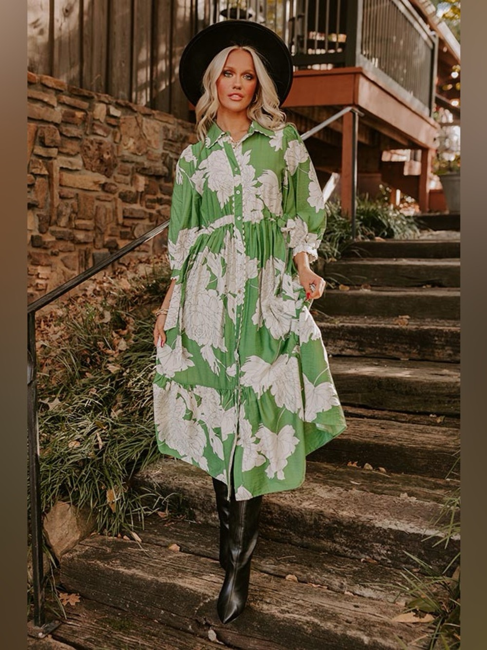 Entro Green White Floral Peony Gardenia Print Midi Dress Ric Rack Trim, S. NWOT